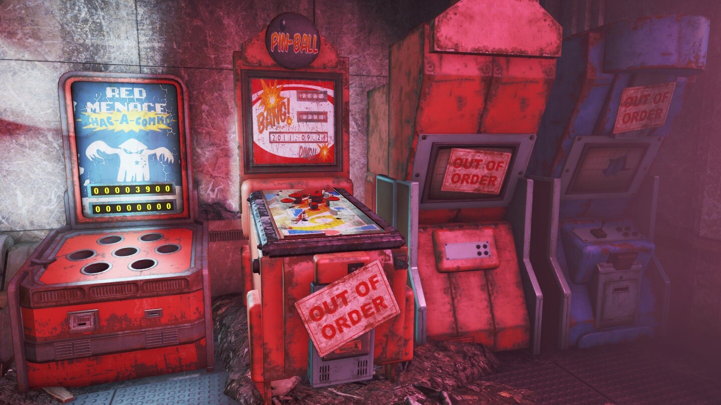 Fallout 4: Nuka-WorldMit Minigames wie Bällewerfen und Hau-den-Kommie schlagen wir die Zeit tot. Doof: Ausgerechnet der Flipper ist außer Betrieb.