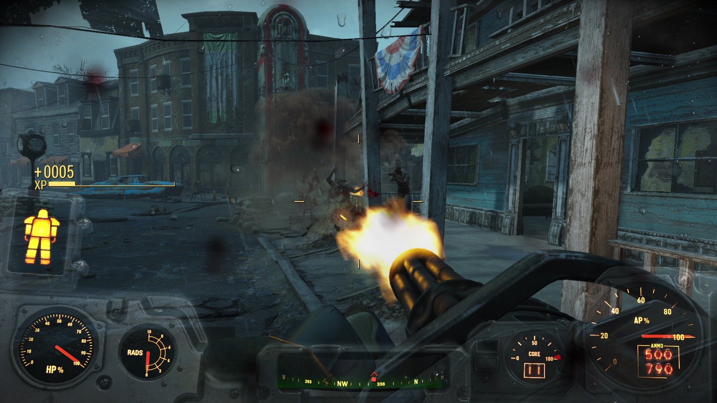 Fallout 4Die Rüstung kommt mit einer dicken Minigun, der hat gewöhnliches Fußvolk kaum etwas entgegenzusetzen.