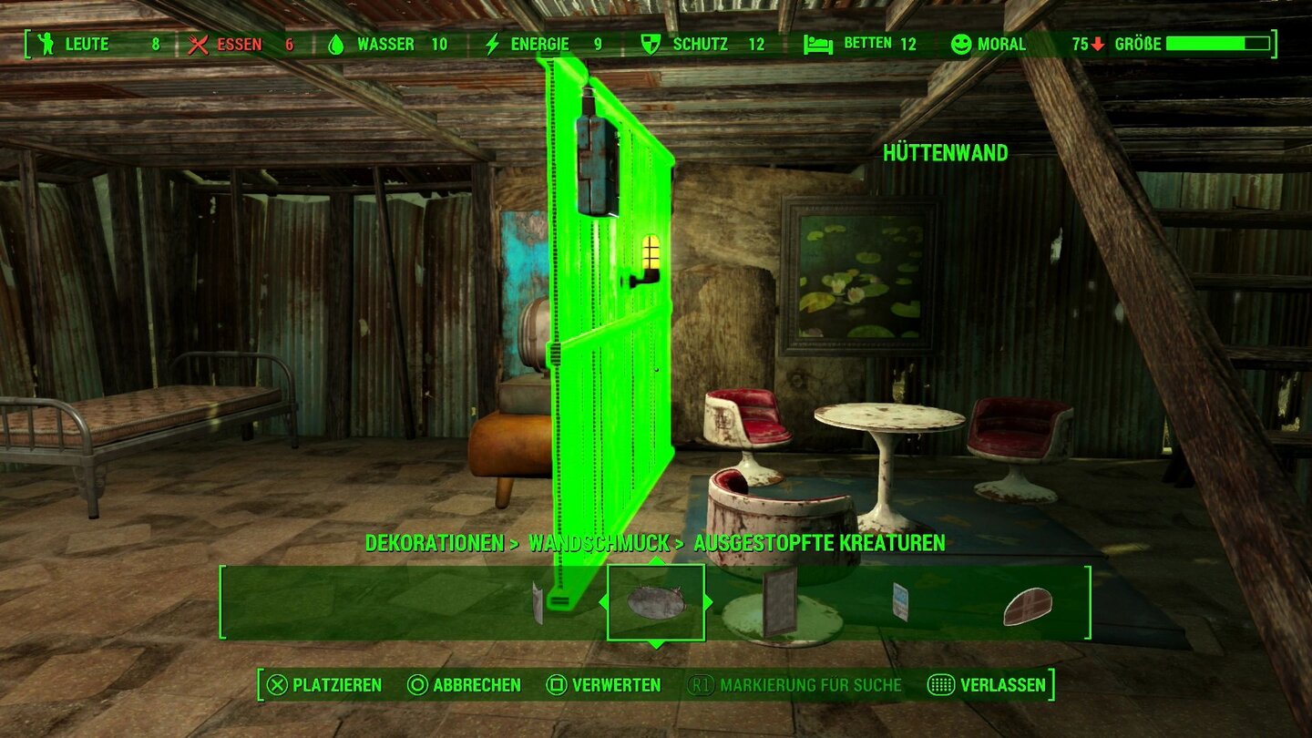 Fallout 4 (PS4)Das Herumbasteln am Eigenheim macht Spaß, auch die Inneneinrichtung muss natürlich stimmen. Die Bauteile passen allerdings nicht immer perfekt zusammen, wir müssen viel herumschieben und -probieren.