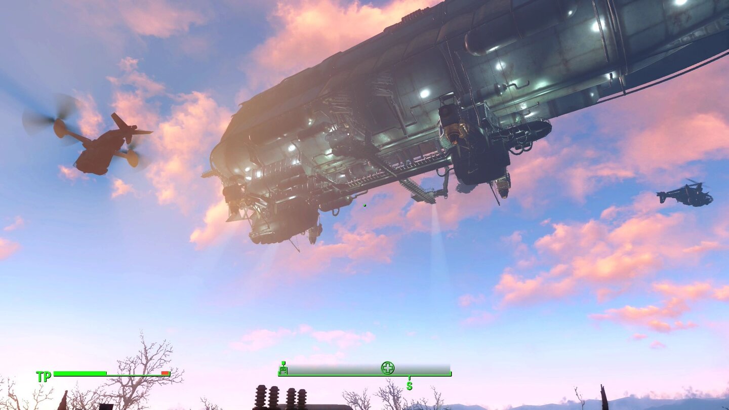 Fallout 4 (PS4)Mit ihrem Luftschiff legt die Bruderschaft einen coolen Auftritt hin.