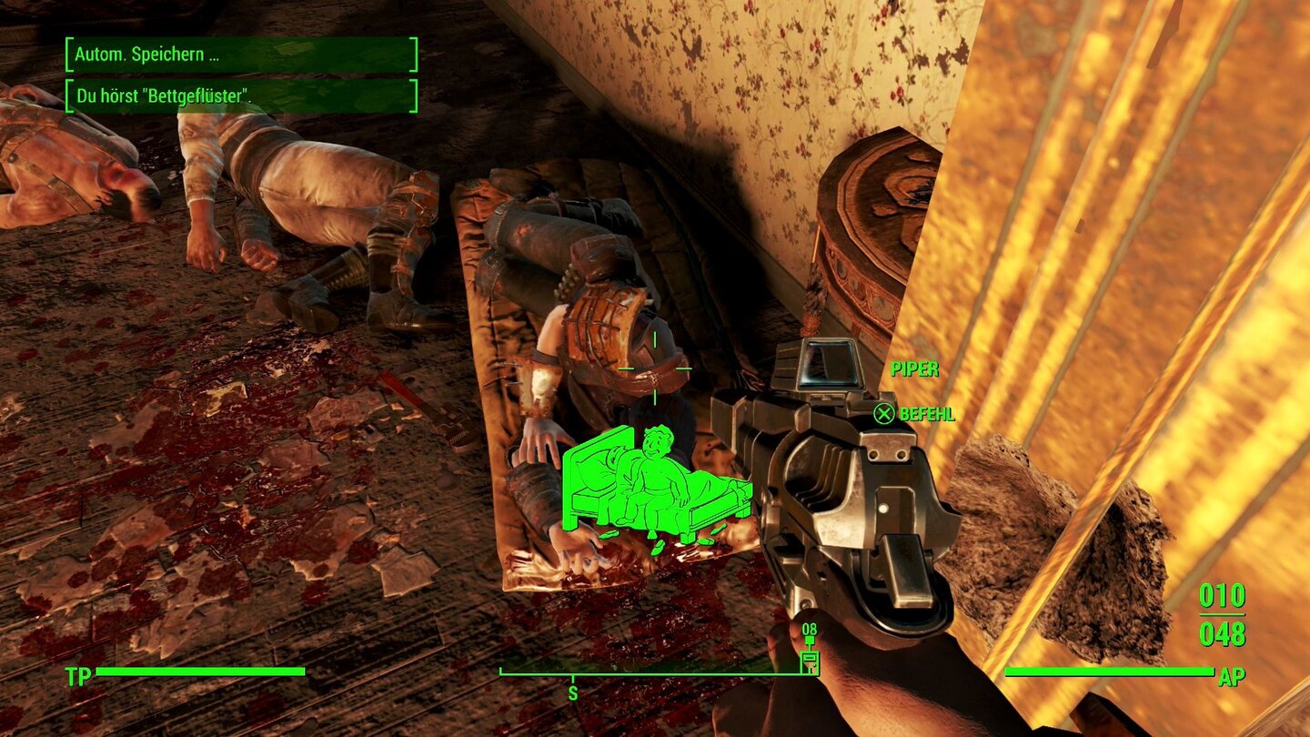 Fallout 4 (PS4)Und das bringt’s: Wenn wir mit einer Begleitung in der Nähe in einem Bett schlafen, bekommen wir den »Bettgeflüster«-Perk, der kurzzeitig unsere Erfahrungsausbeute erhöht. Explizite Szenen gibt es aber nicht.
