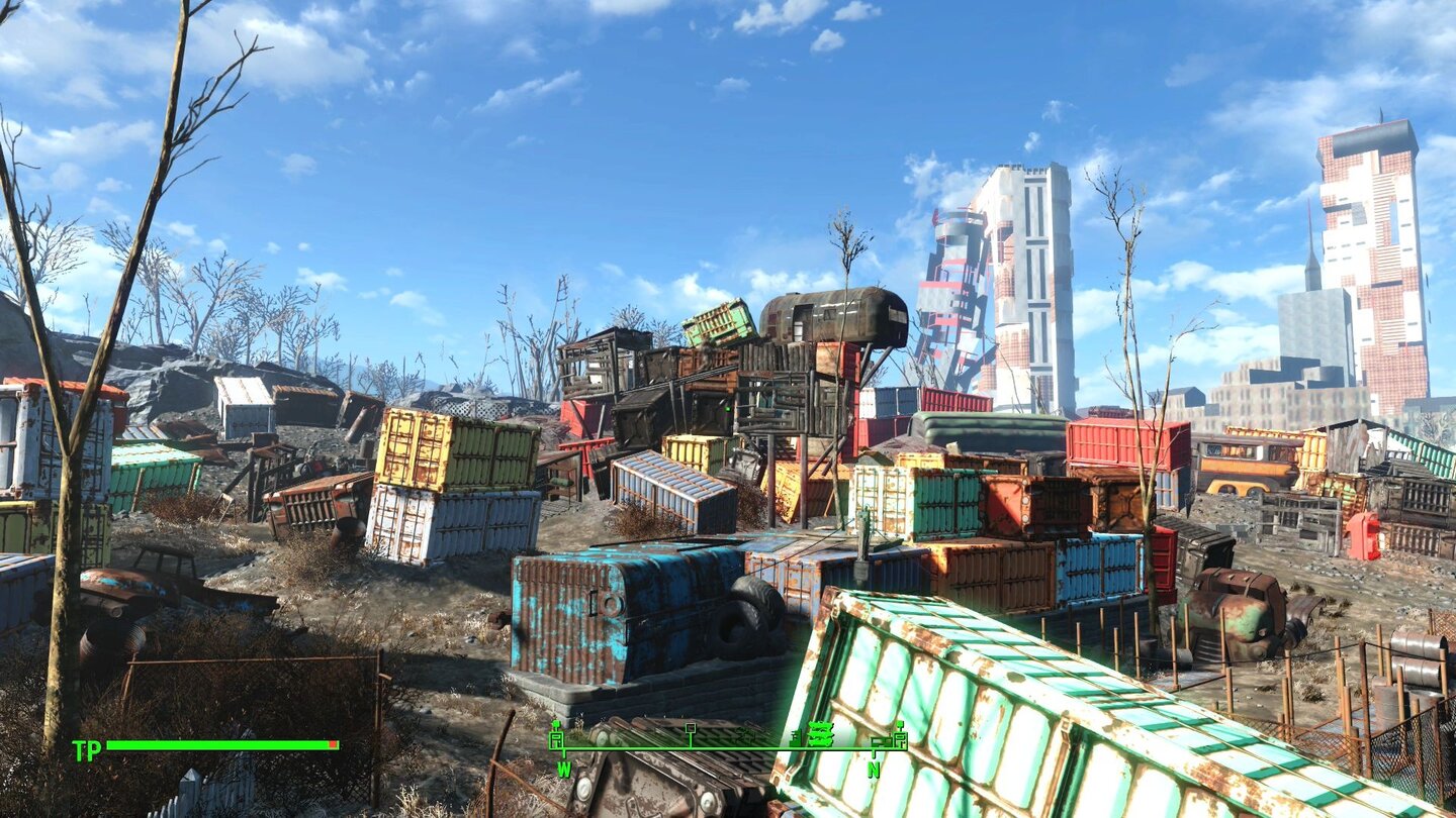 Fallout 4 (PS4)Die Schauplätze sind teils liebevoll gestaltet, etwa dieses Supermutantenlager auf dem Schrottplatz.