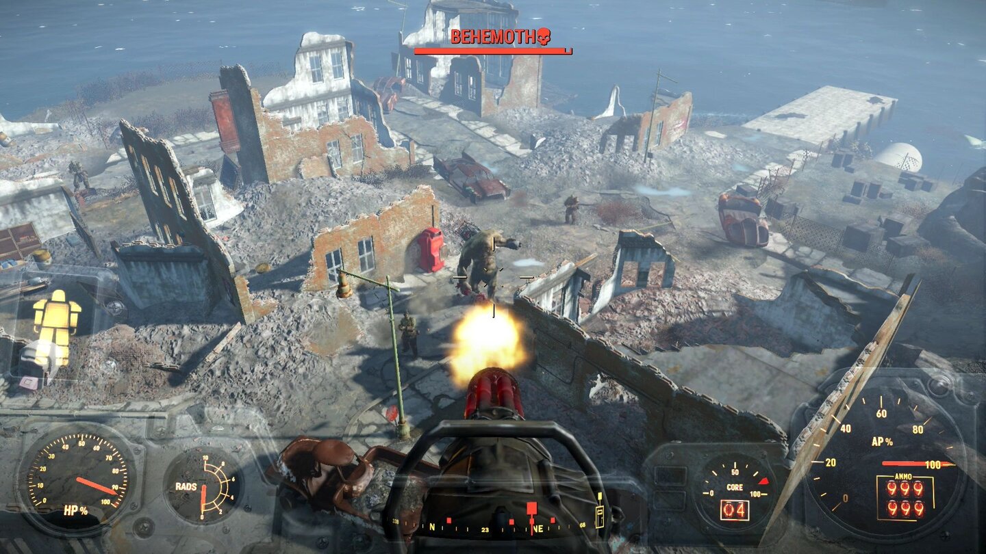 Fallout 4 (PS4)An der Gatling-Kanone eines Vertibirds zerlegen wir einen Supermutanten-Behemoth.