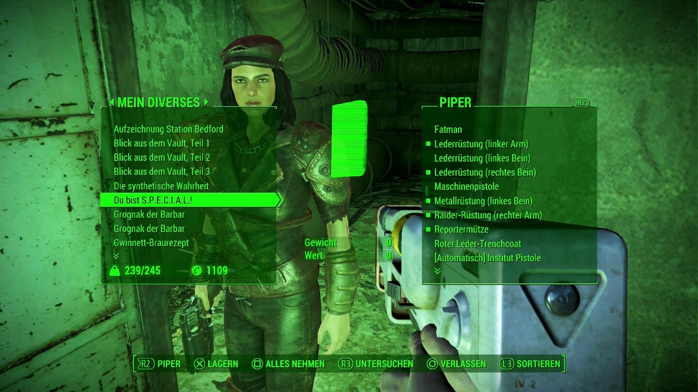 Fallout 4 (PS4)Über das umständliche Tauschmenü rüsten wir unsere Begleiter aus. Achtung: Die benötigen auch Munition, nur ihre Standardknarre verbraucht keine.