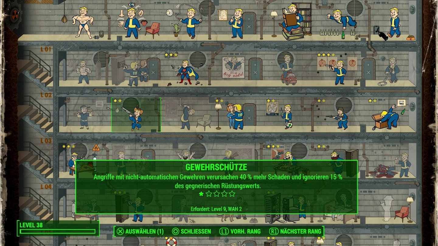 Fallout 4 (PS4)Die Perks hat Bethesda diesmal den sieben Attributen zu- und als übersichtliches Poster angeordnet.