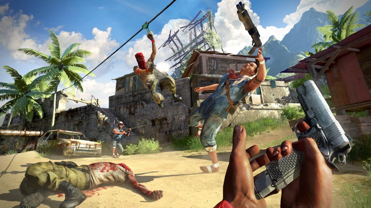 Far Cry 3 - Multiplayer-ScreenshotsAn einem Stahlkabel abseilen und feuern -- so sah auch unser Einstieg in den Mehrspieler-Modus aus. Der Pirat mit roter Mütze und Halstuchel erledigt den Rebellen.