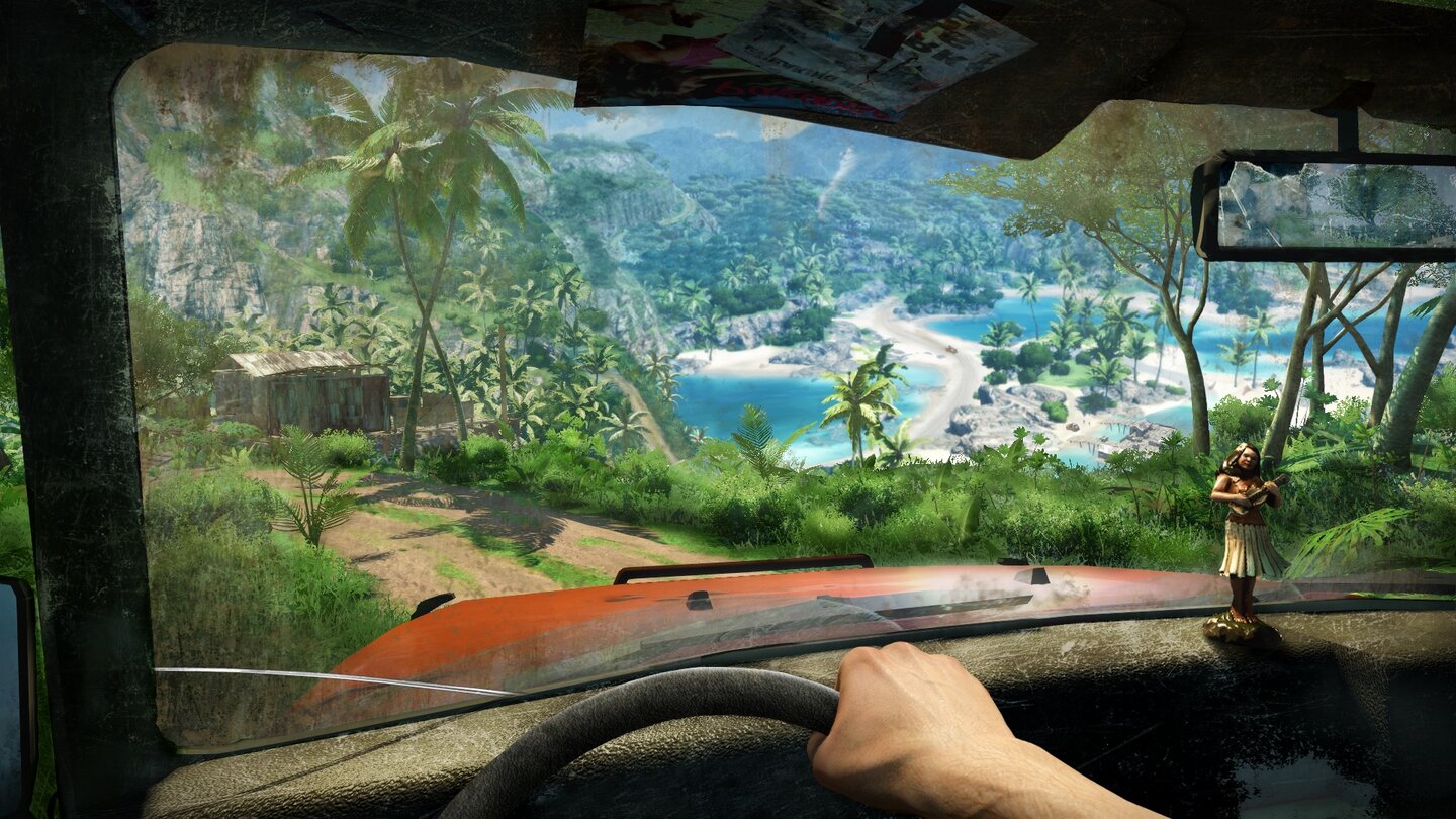 Far Cry 3Spritztour mit dem Geländewagen. In bester Serientradition können wir Vehikel selber steuern - zu Wasser, zu Lande und in der Luft.