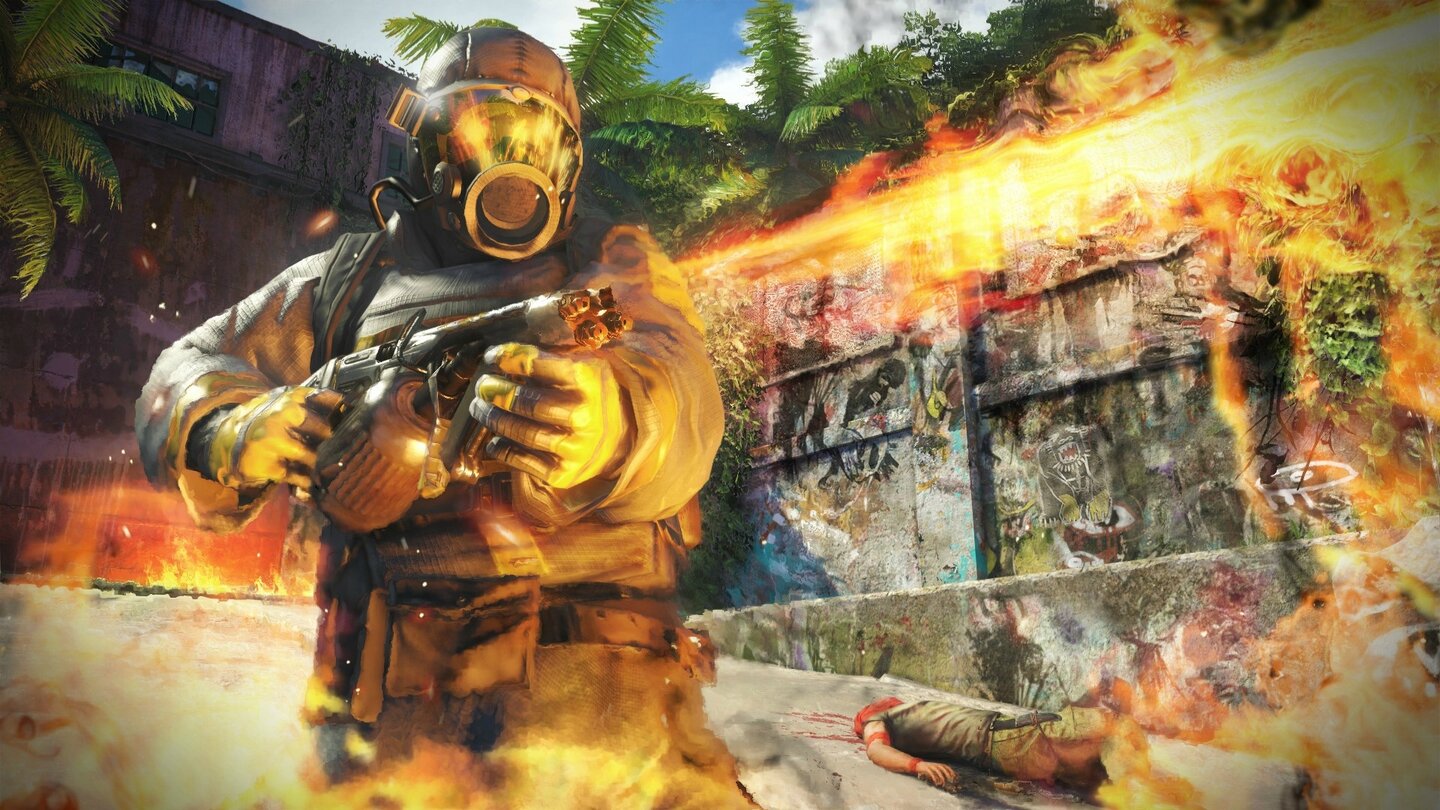 b>Far Cry 3Gegen besondere Gegner wie den Flammenwerfersoldaten muss man tatkisch vorgehen - vorne ist er schwer gepanzert, aber auf dem Rücken trägt er den Napalmtank.