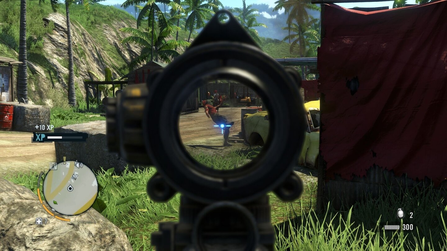 Far Cry 3Über Kimme und Korn: Ein ordentlich aufgemotztes Sturmgewehr gehört zu den effektivsten Waffen im Spiel.