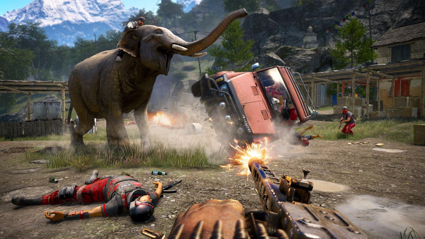 Far Cry 4
Elefanten sind als Reittiere und Waffe missbrauchbar - wir benutzen sie am liebsten wie Tiger in Far Cry 3, zur Fortbewegung sind Fahrzeuge dann doch besser geeignet und schlicht schneller.