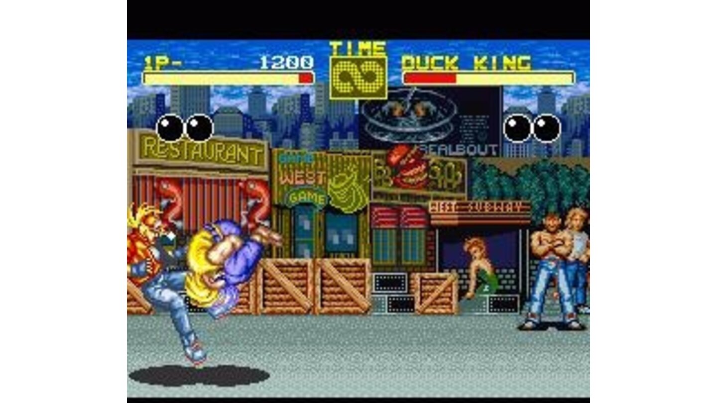 Round 1: Duck King attacks with a move remniscent of Blanka from Street Fighter 2