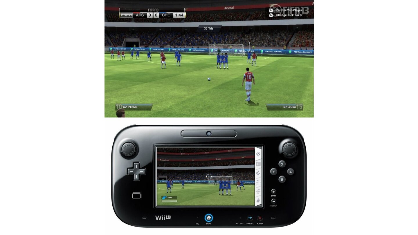 FIFA 13 (Wii U)Die Wii U-Version von FIFA 13 unterstützt Nintendos Tablet-Controller als zusätzlichen Bildschirm. Hier visieren wir die genaue Schussrichtung an.