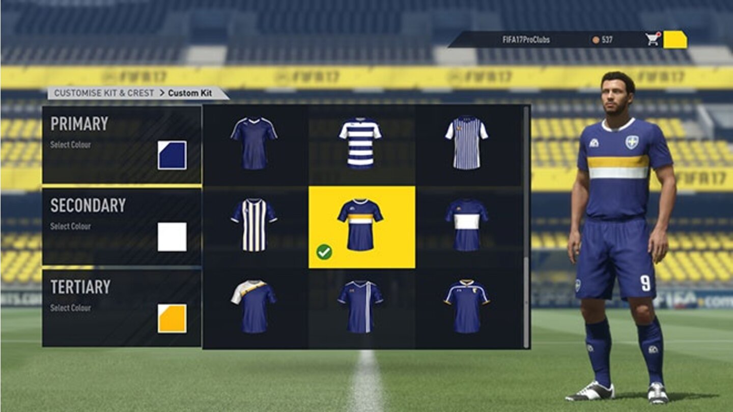 FIFA 17 - Trikotanpassung in Pro Clubs: 24 Trikot-Vorlagen stehen zur Auswahl, primäre, die sekundäre und die tertiäre Farbe lassen sich einstellen.