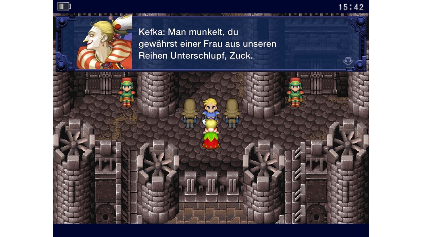 Final Fantasy 6Die Charakterporträts in den Zwischensequenzen wurden für das Remake neu gestaltet und haben mit ihren Pixelentsprechungen in der Spielgrafik bestenfalls die Farbgebung gemein. [iOS]