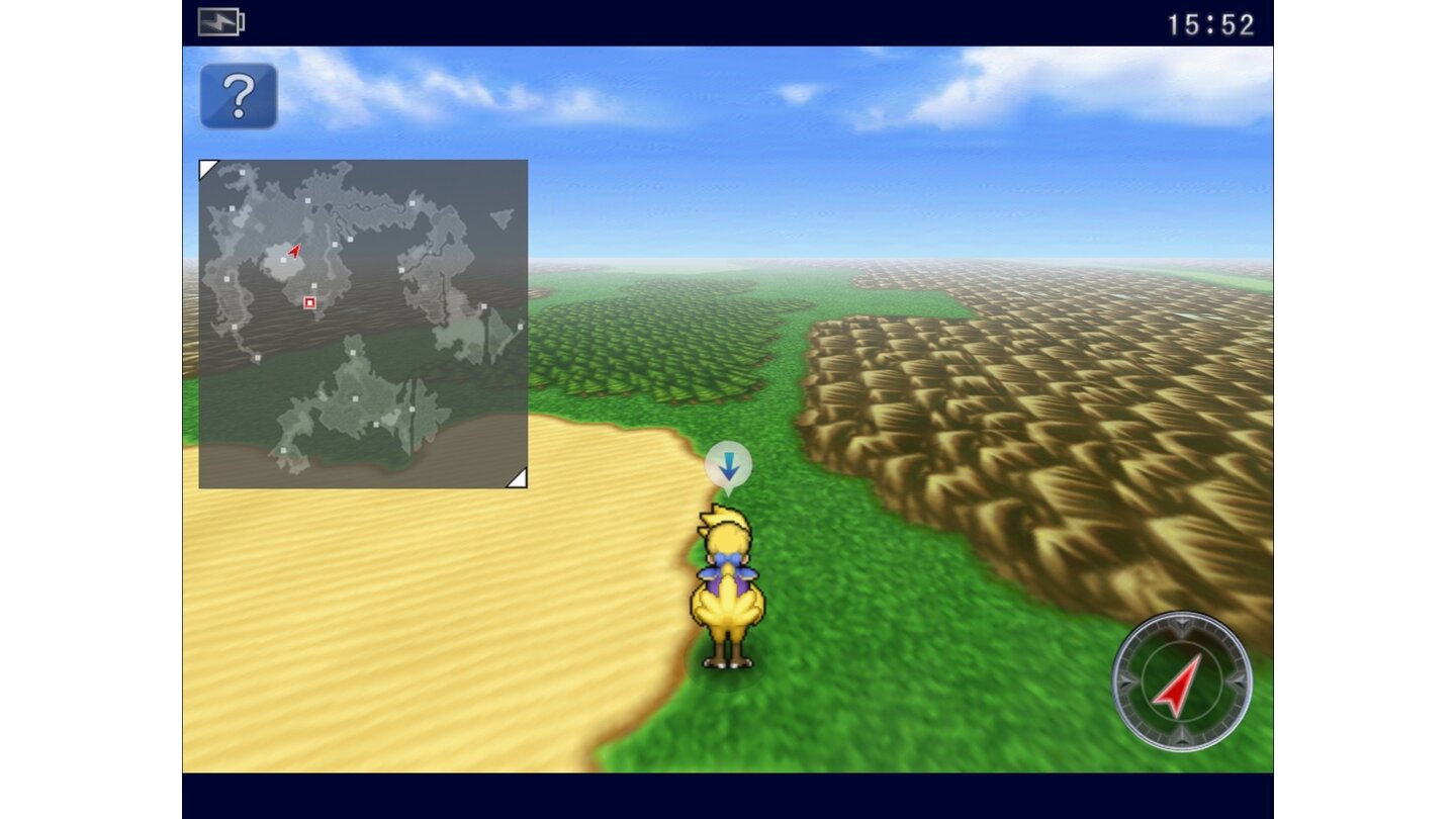 Final Fantasy 6Mit Reittieren oder Luftschiffen erkunden wir die Weltkarte in der 3D-Ansicht. Die Größe der Minikarte links lässt sich verändern. [iOS]