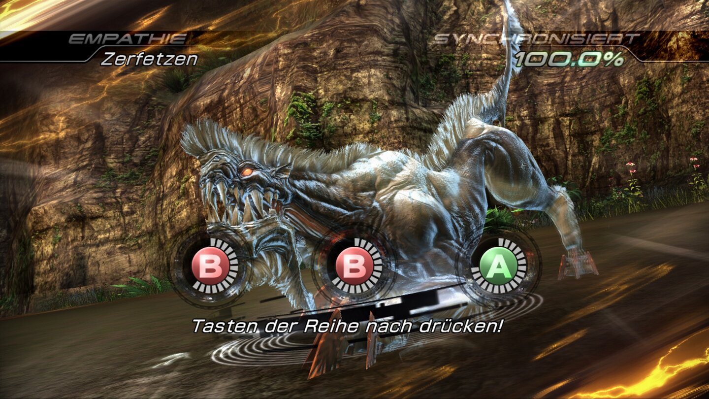 Final Fantasy XIII-2Unter bestimmten Vorraussetzungen lassen eure Kampfmonster spezielle Angriffe vom Stapel, die mit Quicktime-Sequenzen ausgelöst werden.