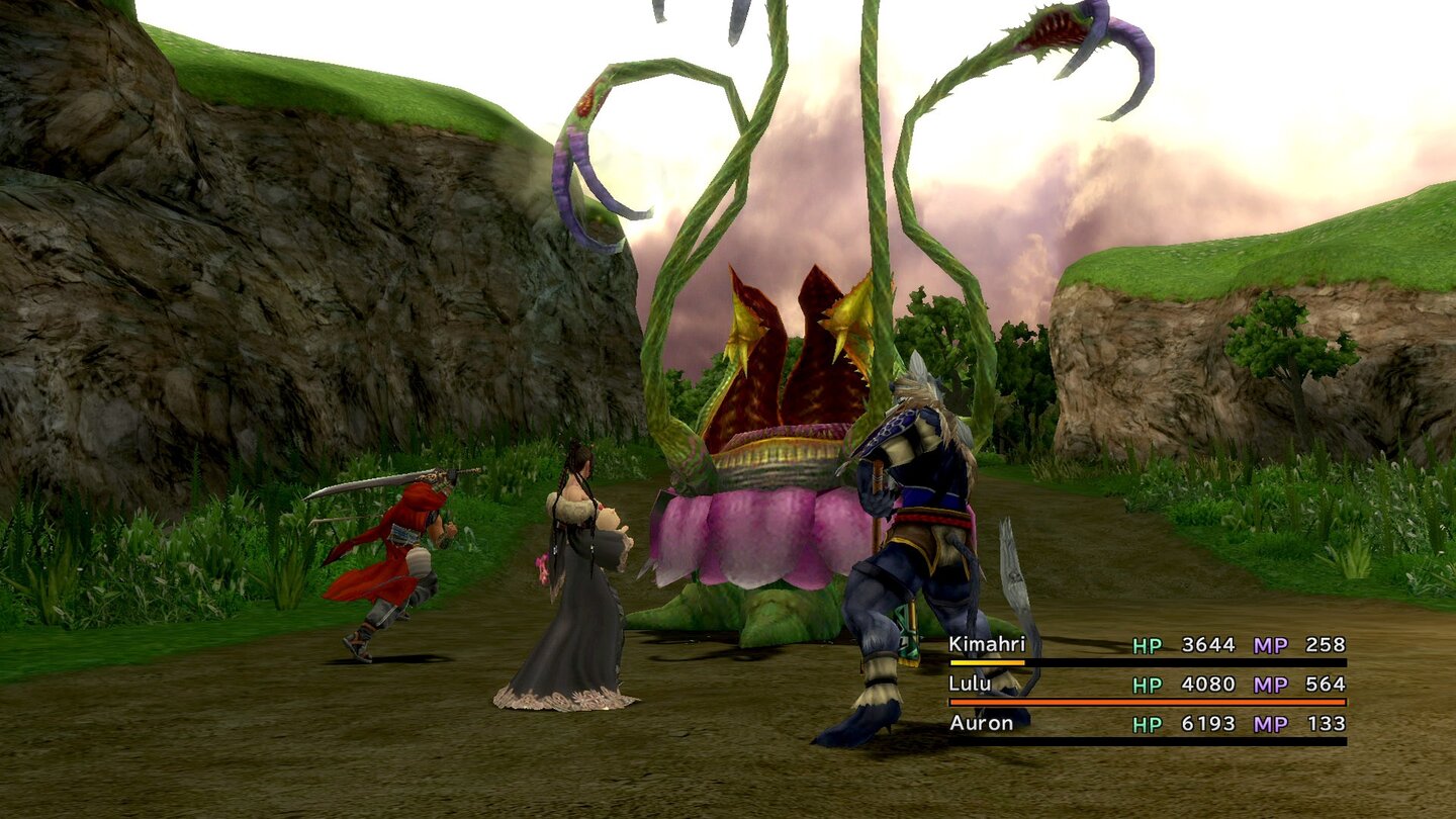 Final Fantasy XLulus Limit-Leiste ist voll. Wenn Auron die Pflanze nicht gleich mit dem Schwert stutzt, gibt ihr die elegante Magierin den Rest.