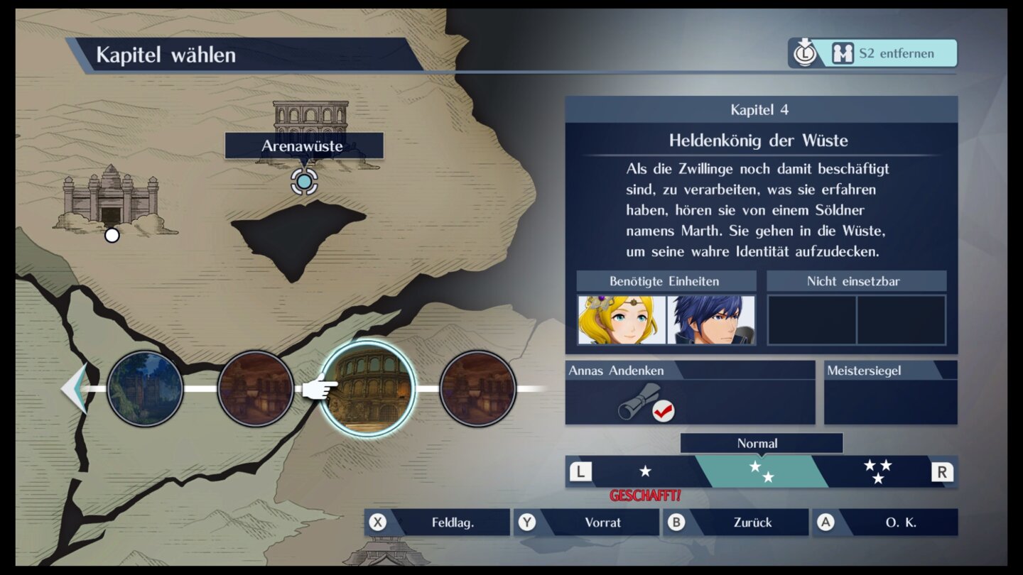 Fire Emblem WarriorsWährend der Kampagne kann jederzeit zwischen drei Schwierigkeitsgraden gewählt werden. Ebenso könnt ihr alte Missionen noch einmal spielen, falls ihr Nebenziele verpasst habt.