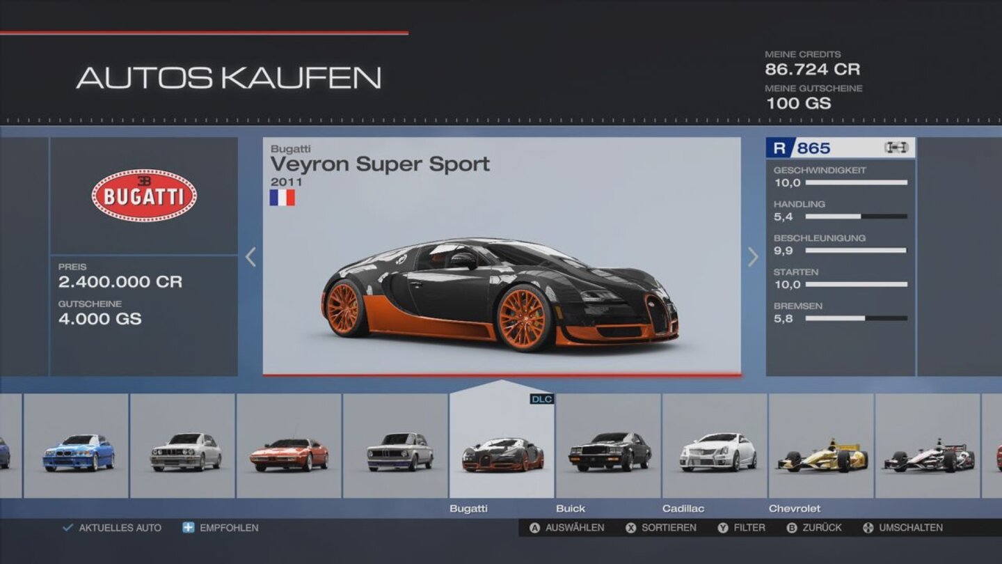 Forza Motorsport 5Insgesamt warten 215 Autos im Forza 5-Fuhrpark, darunter echte PS-Monster wie der Bugatti Veyron.