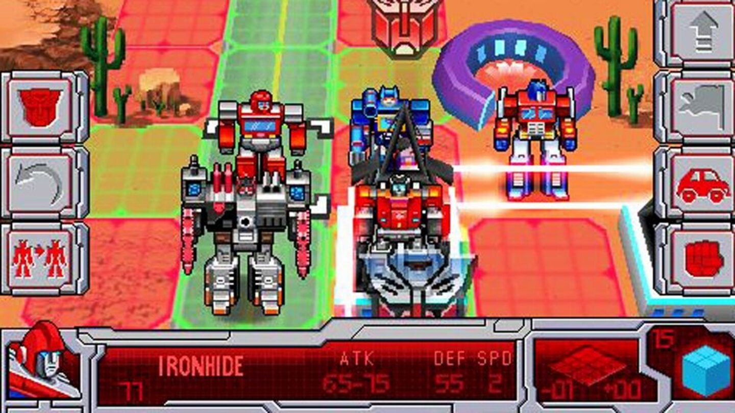 Transformers: G1 Awakening (2008)
Der Mobil-Ableger der Transformers-Serie, G1 Awakening von 2008 (2010 für das iPhone), bietet rundenbasierte Gefechte zwischen den spielbaren Autobots und Megatrons Dienern. Die Roboter- und Fahrzeugformen der Autobots haben Vor- und Nachteile (höhere Bewegungsreichweite, Angriffsoptionen), und beeinflussen sich gegenseitig – Optimus Prime steigert die Moral und Kampfkraft naher Verbündeter, während Ratchet sich um die Verletzten kümmert. Die Decepticons sind nur abseits der Kampagne spielbar, unterscheiden sich spielerisch aber nicht sonderlich von den Autobots.