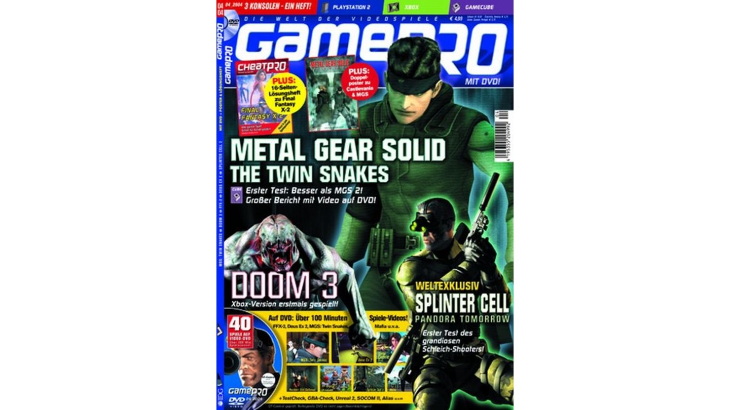 GamePro 04/2004mit Metal Gear Solid-Titelstory und Tests zu Splinter Cell: Pandora Tomorrow, Deus Ex: Invisible War und Mafia. Außerdem: Previews zu Doom II und Donkey Konga.