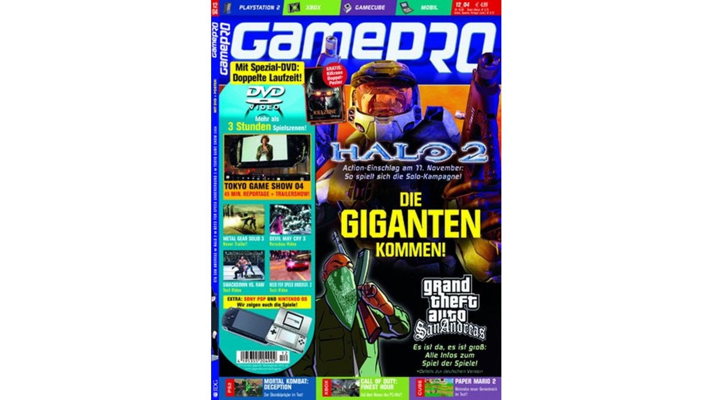 GamePro 12/2004mit Halo 2-Titelstory und Tests zu Kingdom under Fire, Paper Mario 2 und Viewtiful Joe. Außerdem: Previews zu Devil May Cry 3 und The Urbz.
