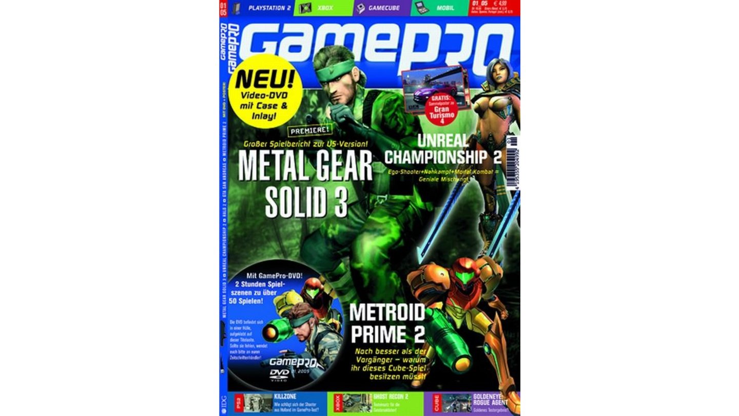 GamePro 01/2005mit Metal Gear Solid 3-Titelstory und Tests zu Flatout, GTA San Andreas, Halo 2 und Metroid Prime 2: Echoes. Außerdem: Previews zu Brothers in Arms, Far Cry Instincts und Resident Evil 4.
