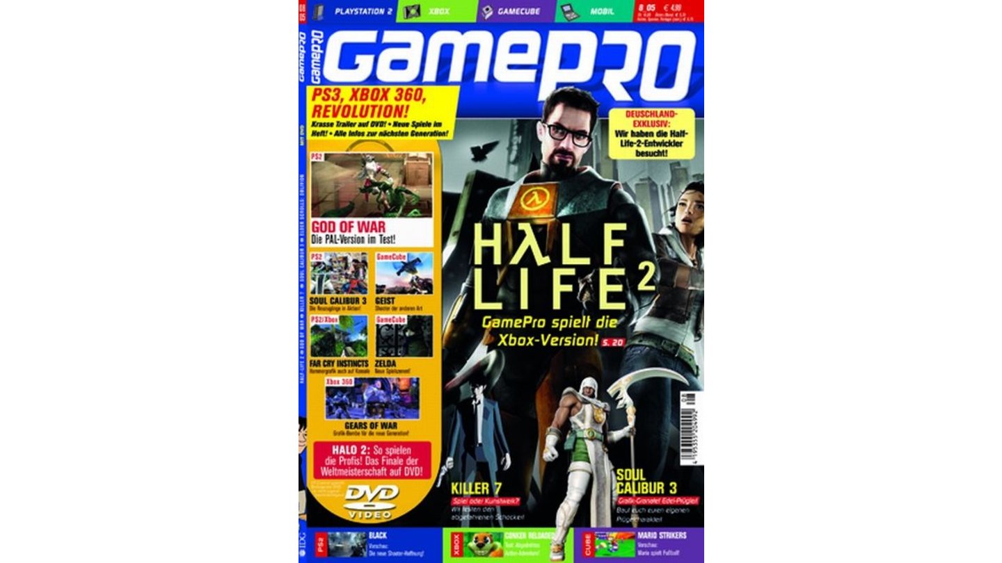 GamePro 08/2005mit Half Life 2-Titelstory und Tests zu Conker, God of War, Killer 7 und SCAR. Außerdem: Previews zu Geist, Perfect Dark Zero und TES IV: Oblivion.