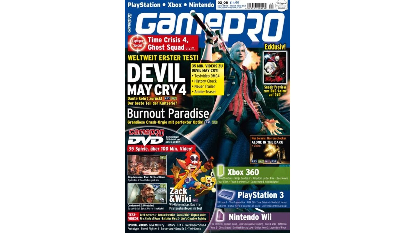 GamePro 02/2008mit Devil May Cry 4-Titelstory und Tests zu Burnout Paradise, Zack & Wiki und Condemned 2. Außerdem: Previews zu Fire Emblem, Alone in the Dark und Killzone 2.