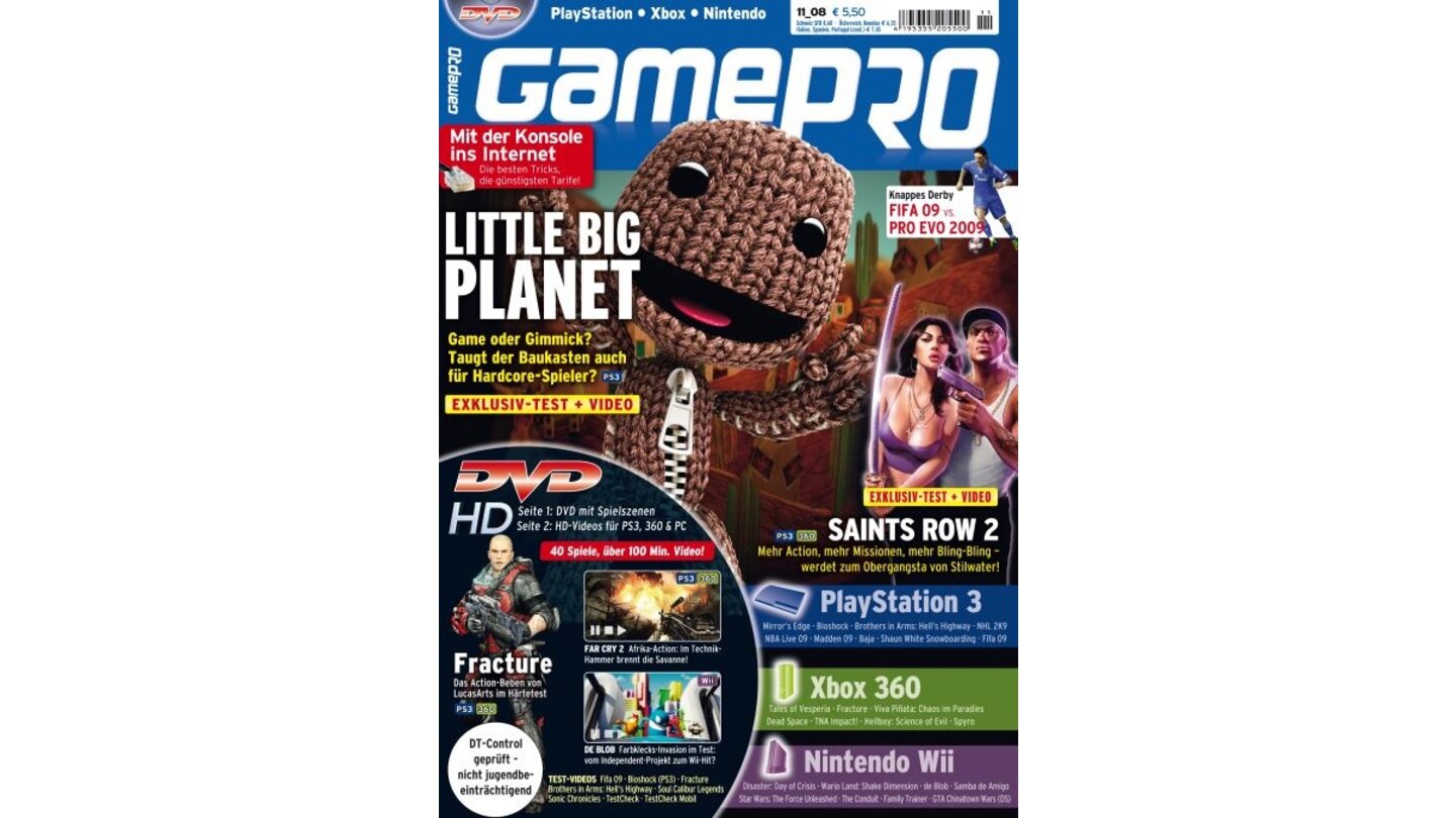 GamePro 11/2008mit Little Big Planet-Titelstory und Tests zu Saints Row 2, Wario Land und Bioshock. Außerdem: Previews zu Mirror's Edge, Dead Space und Disaster: Day of Crisis.