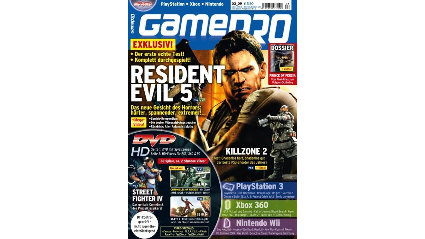 GamePro 03/2009mit Resident Evil 5-Titelstory und Tests zu Killzone 2, Skate 2 und Street Fighter IV. Außerdem: Previews zu Prototype, Dragon Age: Origins und Madworld.