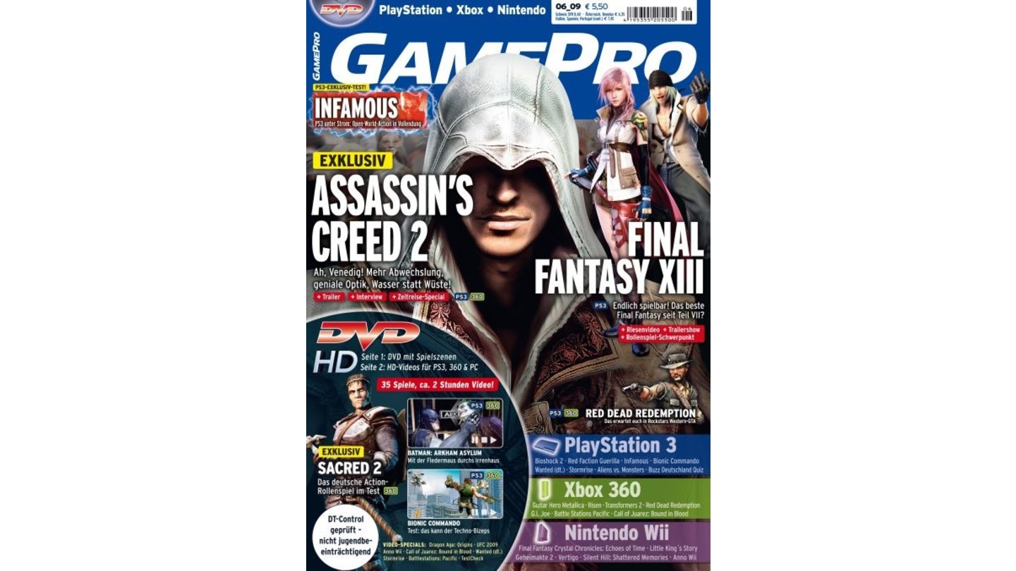 GamePro 06/2009mit Assassin's Creed 2-Titelstory und Tests zu Bionic Commando, Infamous und Little King's Story. Außerdem: Previews zu Final Fantasy XIII, Bioshock 2 und Red Dead Redemption.