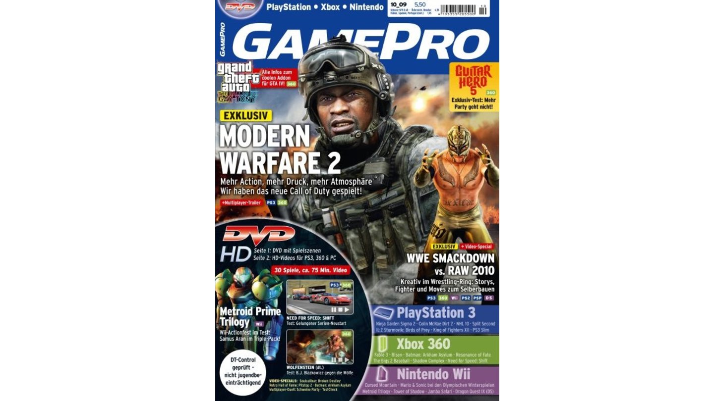 GamePro 10/2009mit Modern Warfare 2-Titelstory und Tests zu NfS:Shift, Wolfenstein und Cursed Mountain. Außerdem: Previews zu WWE 2010, GTA IV: Ballad of Gay Tony und Risen.