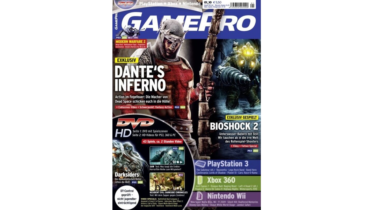 GamePro 01/2010mit Dante's Inferno-Titelstory und Tests zu New Super Mario Bros. Wii, Darkside Chronicles und Modern Warfare 2. Außerdem: Previews zu Darksiders, Bioshock 2 und Just Cause 2.