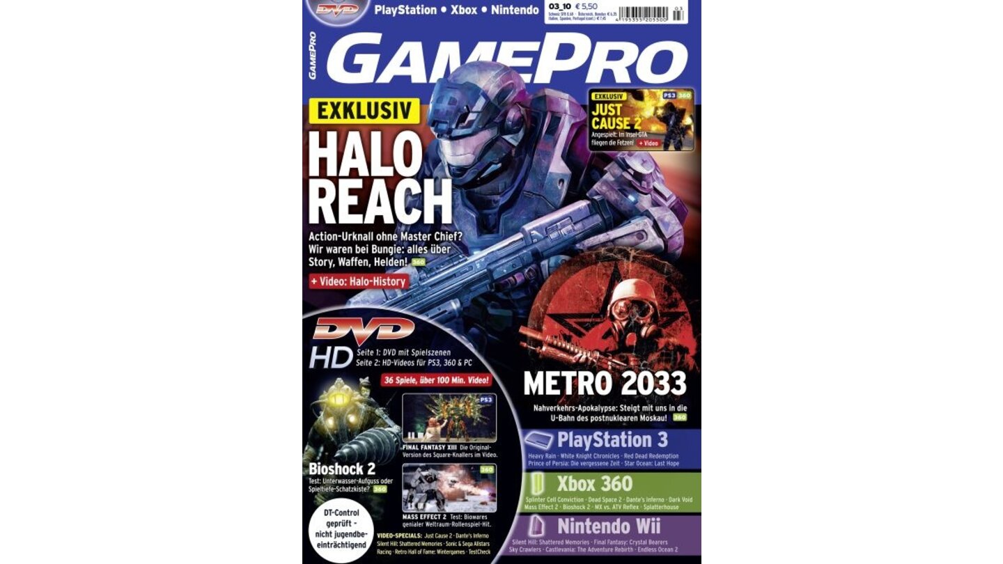 GamePro 03/2010mit Halo: Reach-Titelstory und Tests zu Mass Effect 2, Bioshock 2 und Endless Ocean 2. Außerdem: Previews zu Splinter Cell: Conviction, Heavy Rain und Metro 2033.