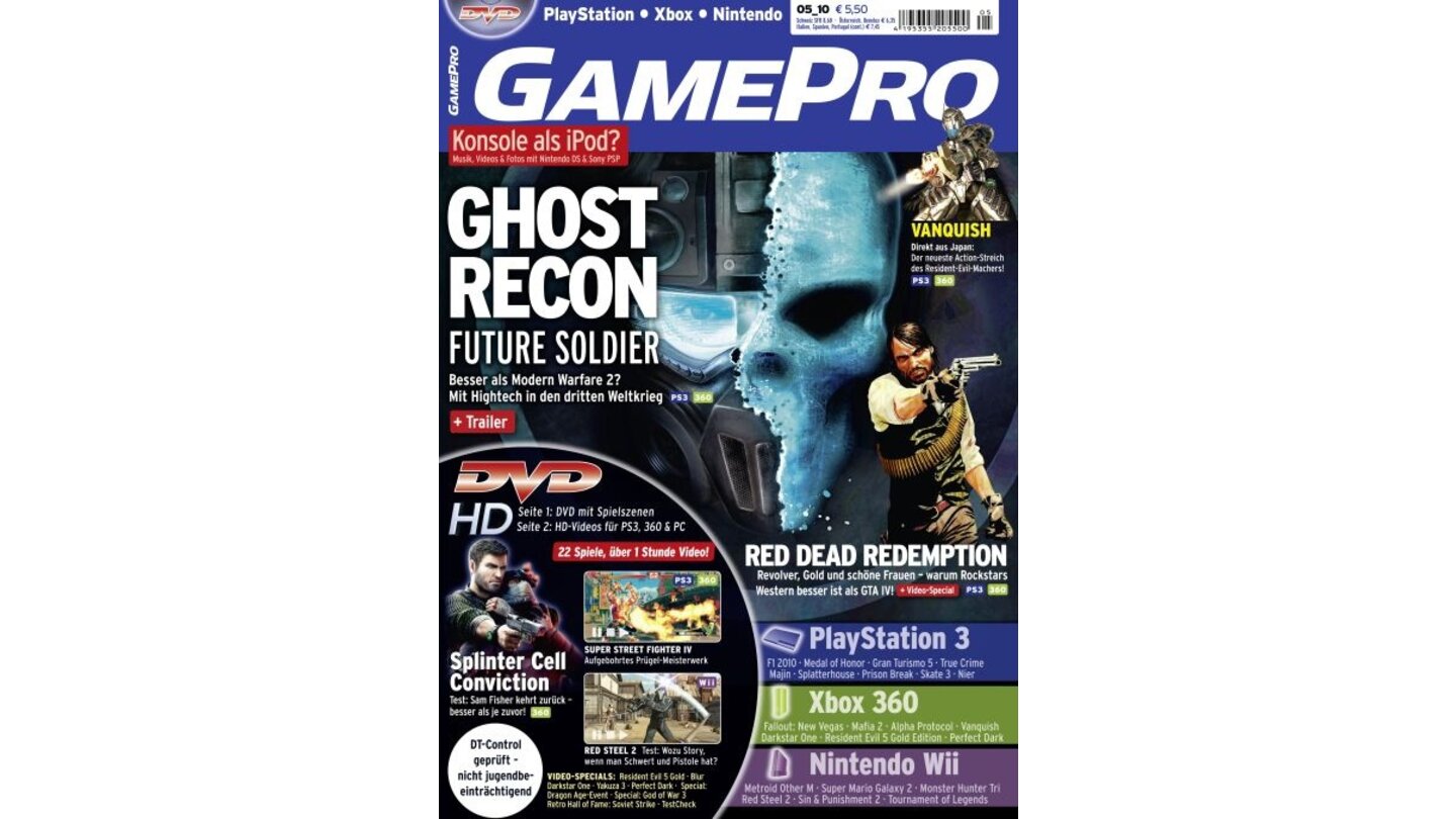 GamePro 05/2010mit Ghost Recon Future Soldier-Titelstory und Tests zu Red Steel 2, Splinter Cell: Conviction und Yakuza 3. Außerdem: Previews zu F! 2010, Red Dead Redemption und Mafia 2.