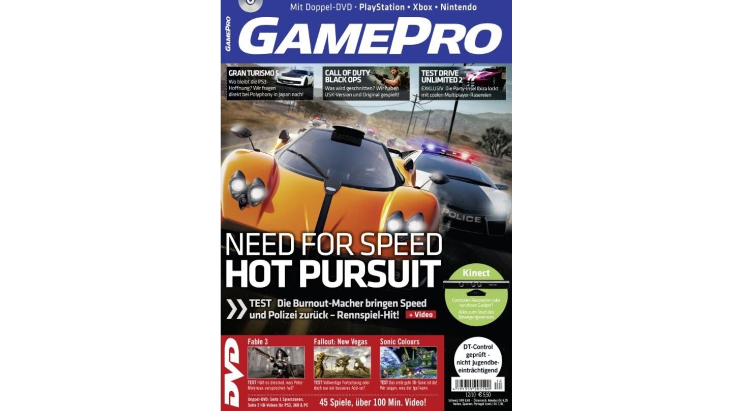 GamePro 12/2010mit NfS: Hot Pursuit-Titelstory und Tests zu Fable 3, Fallout: New Vegas und Rock Band 3. Außerdem: Previews zu Black Ops, Majin and the Forsaken Kingdom und Tron.