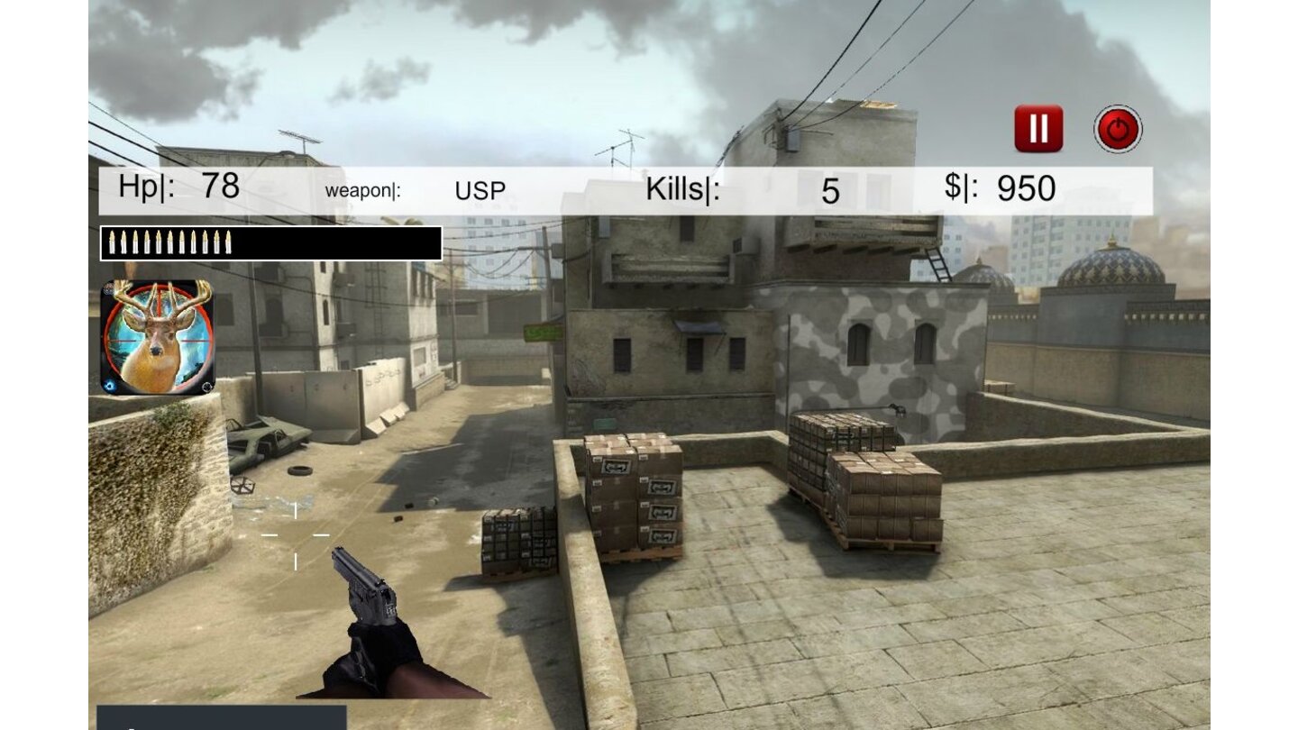 Counter StrikerSchon direkt nach dem Start der App wird der Nutzer aber hart enttäuscht. Das Spiel ist nicht 3D, die versprochenen Maps entpuppen sich lediglich als Hintergrundbild und das Zielsystem ist eine Katastrophe.
