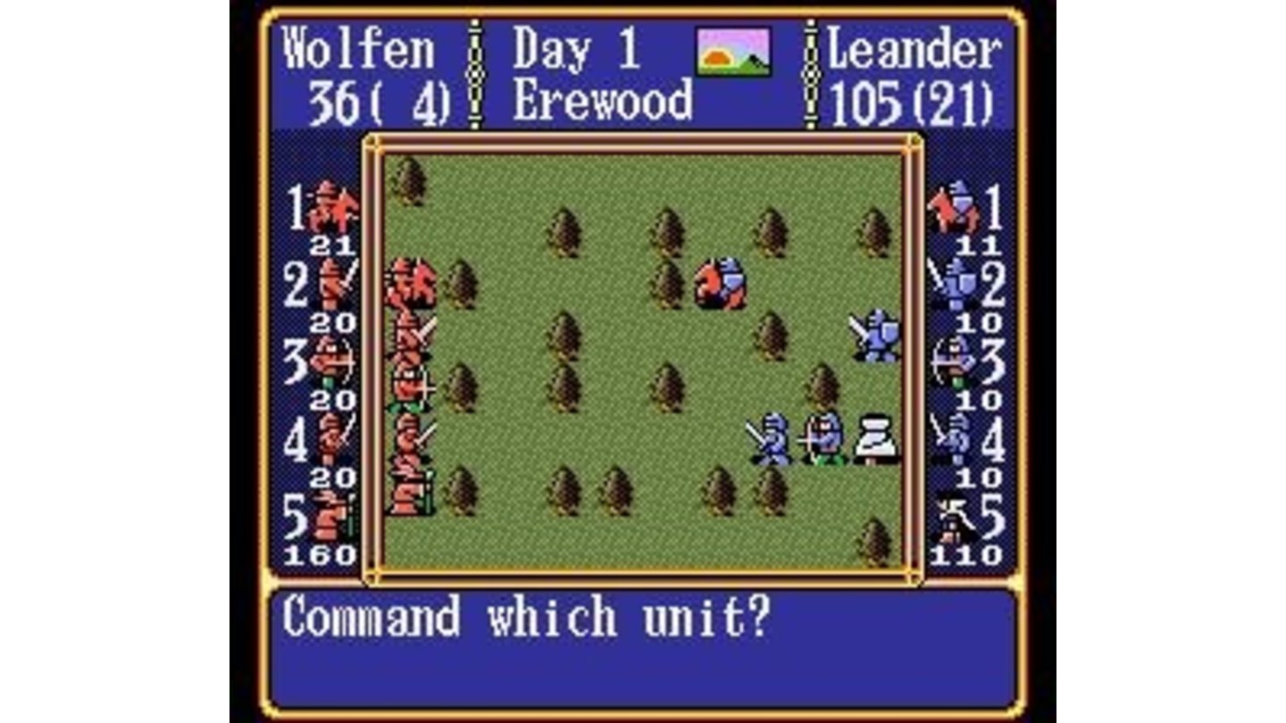 Up to five units can participate in battles. The unit's size is shown on the left and right side of the screen.