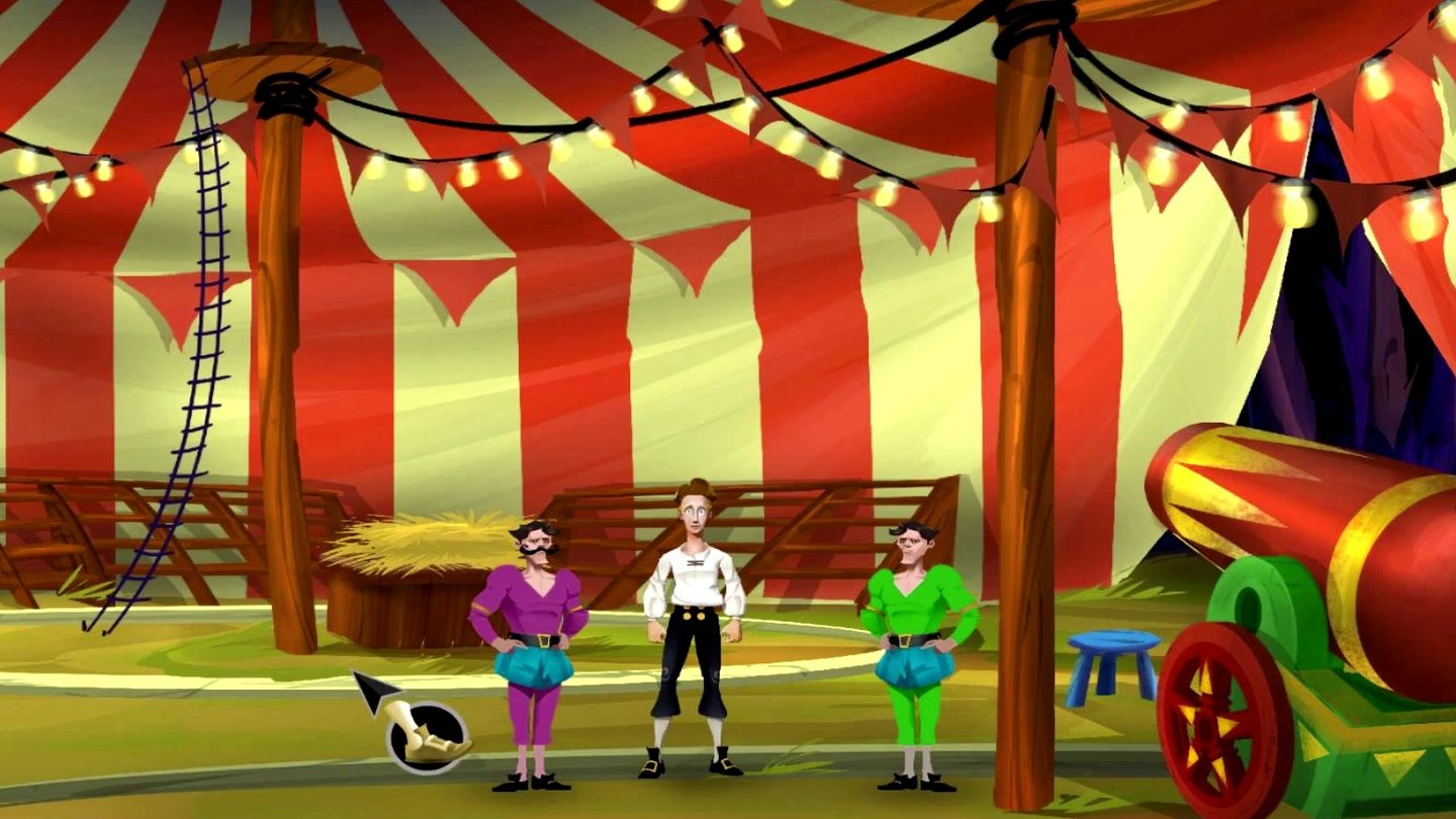 Monkey Island - The Fantastic Flying Fettucini Brothers In ihrem Zirkuszelt trifft Guybrush auf die Fettucini Brüder. Von den beiden Artisten kann man sich mit der Kanone durch das Zelt schießen lassen – wobei die beiden Brüder das Zielen besser noch einmal üben sollten.