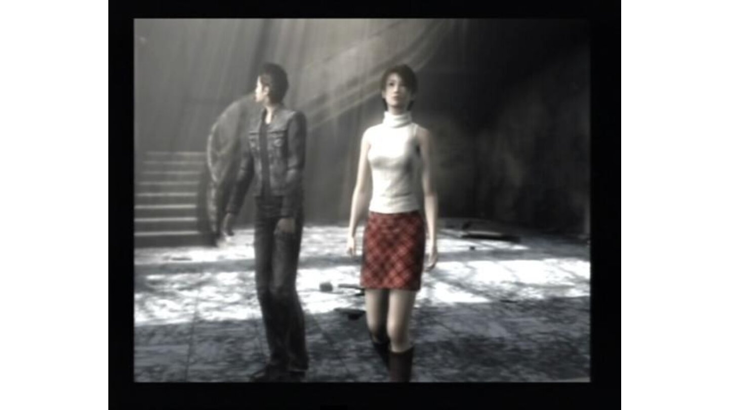 Takashi and Emi, in the present time, exploring Yoshinodou mansion.