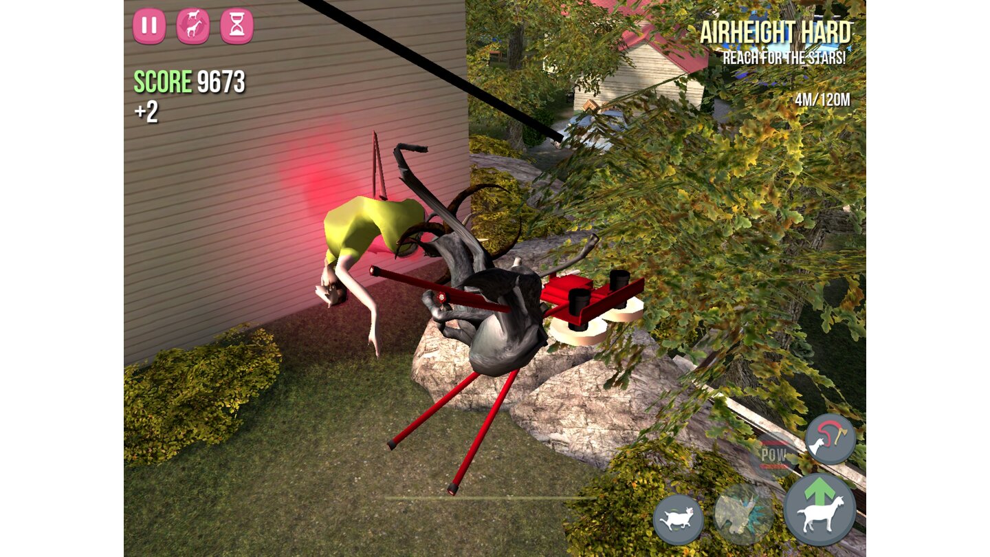 Goat Simulator - Screenshots der Mobile-Version (iOS & Android)Der Goat Simulator wartet mit unterhaltsamen und nervigen Bugs auf. Hier stecken wir als Ziegendämon mit Ballkanone in einer toten oder bewusstlosen Frau in der Luft fest.