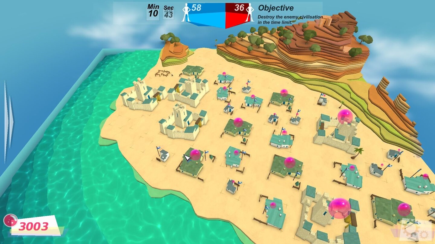 GODUS - Screenshots aus der Early-Access-VersionAuf den Kampfkarten ist der Spielablauf beschleunigt und der Technologie-Level vorgegeben. Die großen Burgen links könnten wir in unserer Heimatwelt noch gar nicht errichten.