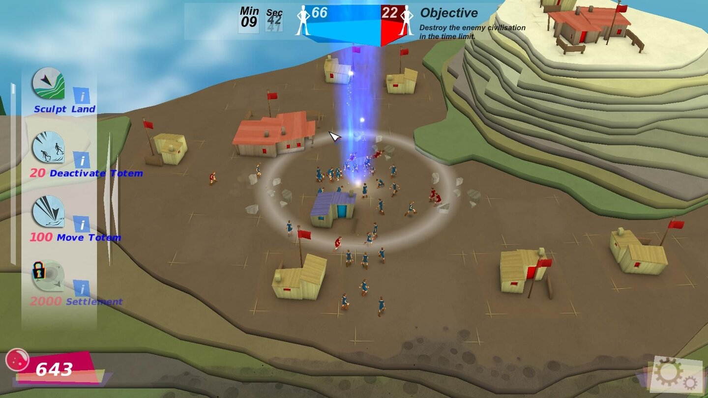 GODUS - Screenshots aus der Early-Access-VersionShowdown: Mit dem Totem (die blaue Lichtsäule) führen wir unsere Kämpfer direkt in die feindliche Siedlung, wo sie hoffentlich ordentlich aufräumen.
