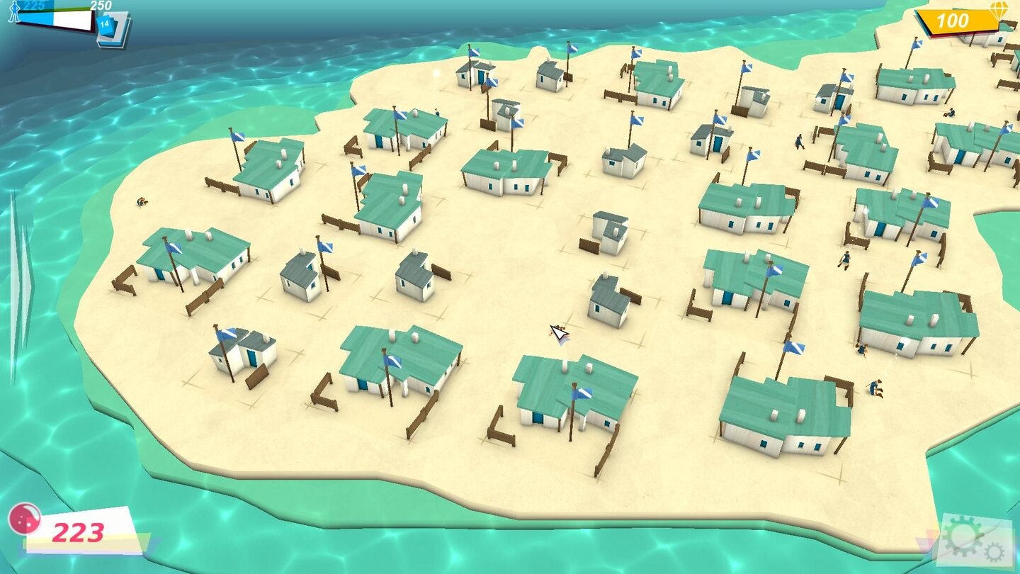 GODUS - Screenshots aus der Early-Access-VersionZu Beginn sind Siedlung und Häuser noch klein, wir müssen dem Meer erst noch mehr Land abringen. Die Fähnchen zeigen, dass die Hütten voll besetzt sind. Wenn wir drauf klicken, macht sich ein Bewohner auf die Suche nach neuem Bauplatz.