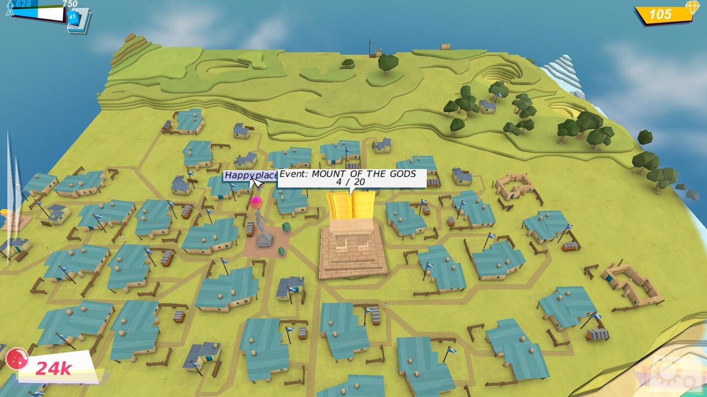 GODUS - Screenshots aus der Early-Access-VersionEine typische Siedlung im Überblick: Der Berg der Götter in der Mitte führt zu den Kampfmissionen, die Statue links davon nimmt uns das umständliche Absammeln der rosa Glaubenskugeln von den einzelnen Häusern ab, in dem es die Energie entlang der Wege bündelt.