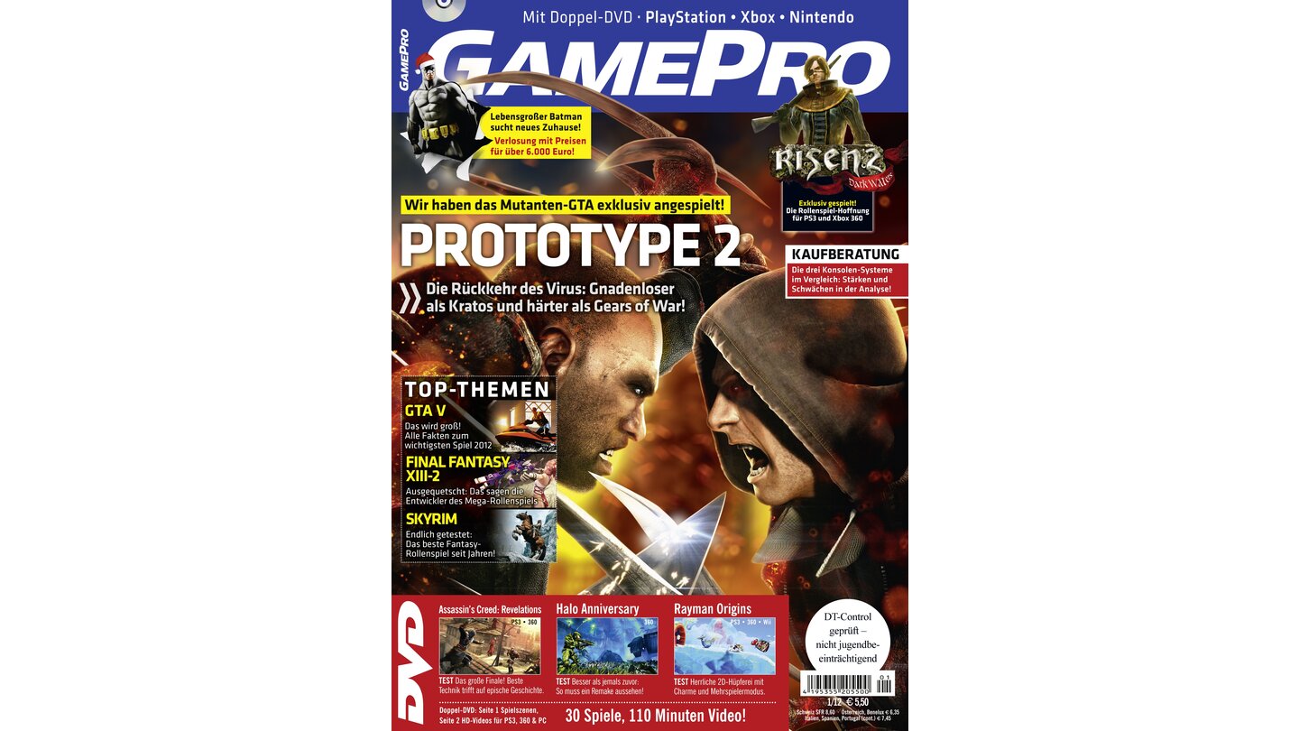 GamePro 01/2012mit Prototype 2-Titelstory und Tests zu Assasin's Creed: Revelations, Halo Anniversary und Rayman Origins. Außerdem: Previews zu GTA V, Risen 2 und Resident Evil: Revelations.
