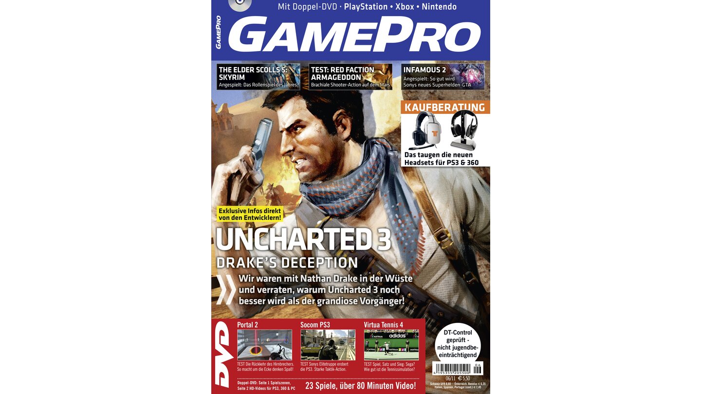 GamePro 06/2011mit Uncharted 3-Titelstory und Tests zu Portal 2, Socom PS3 und Virtua Tennis 4. Außerdem: Previews zu The Elder Scrolls 5 Skyrim, Dragons Dogma und Infamous 2.