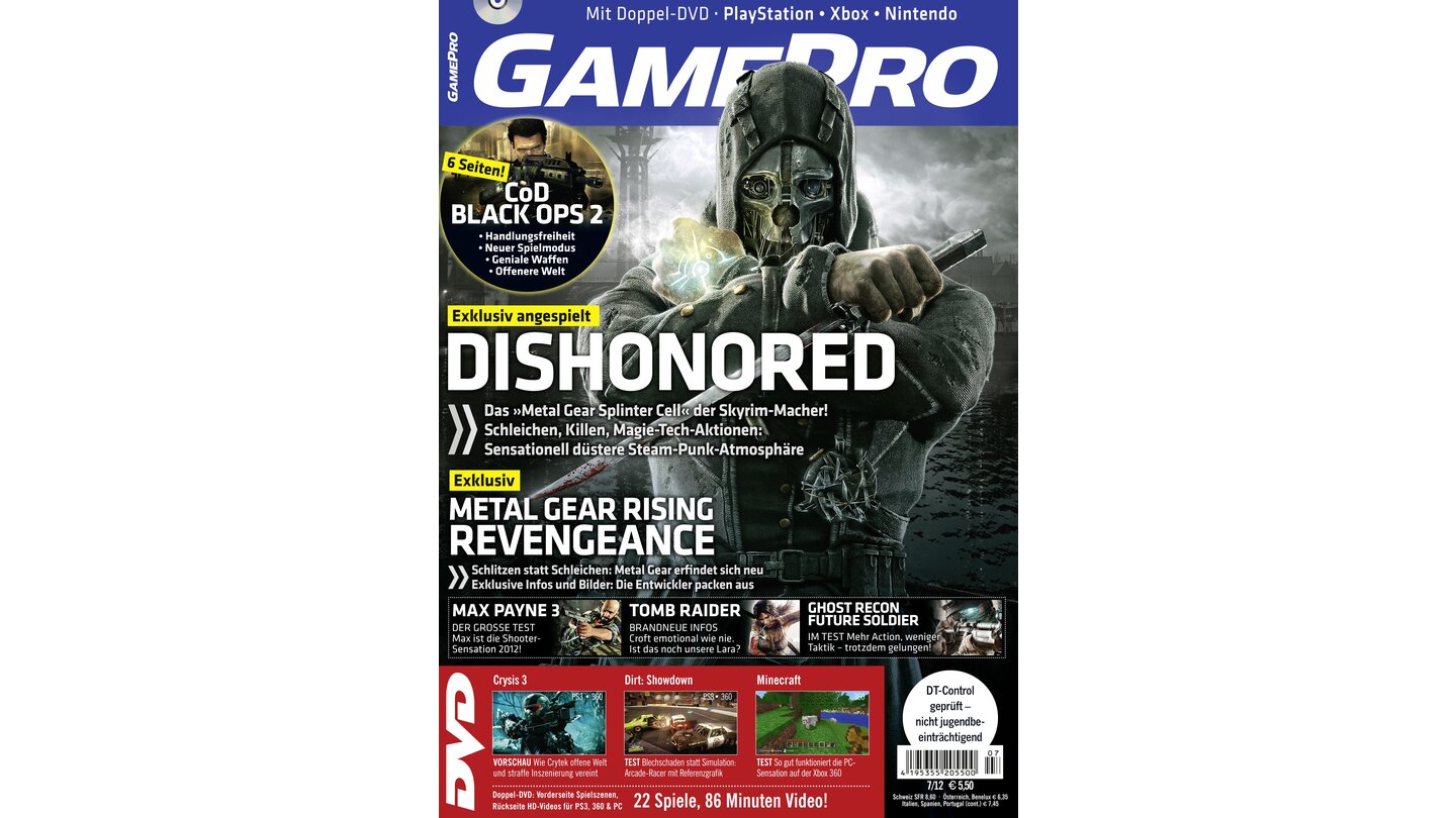 GamePro 07/2012mit Dishonored-Titelstory und Tests zu Max Payne 3, Minecraft 360 und Ghost Recon: Future Soldier. Außerdem: Previews zu Call of Duty: Black Ops 2, Inversion und Hitman: Absolution.