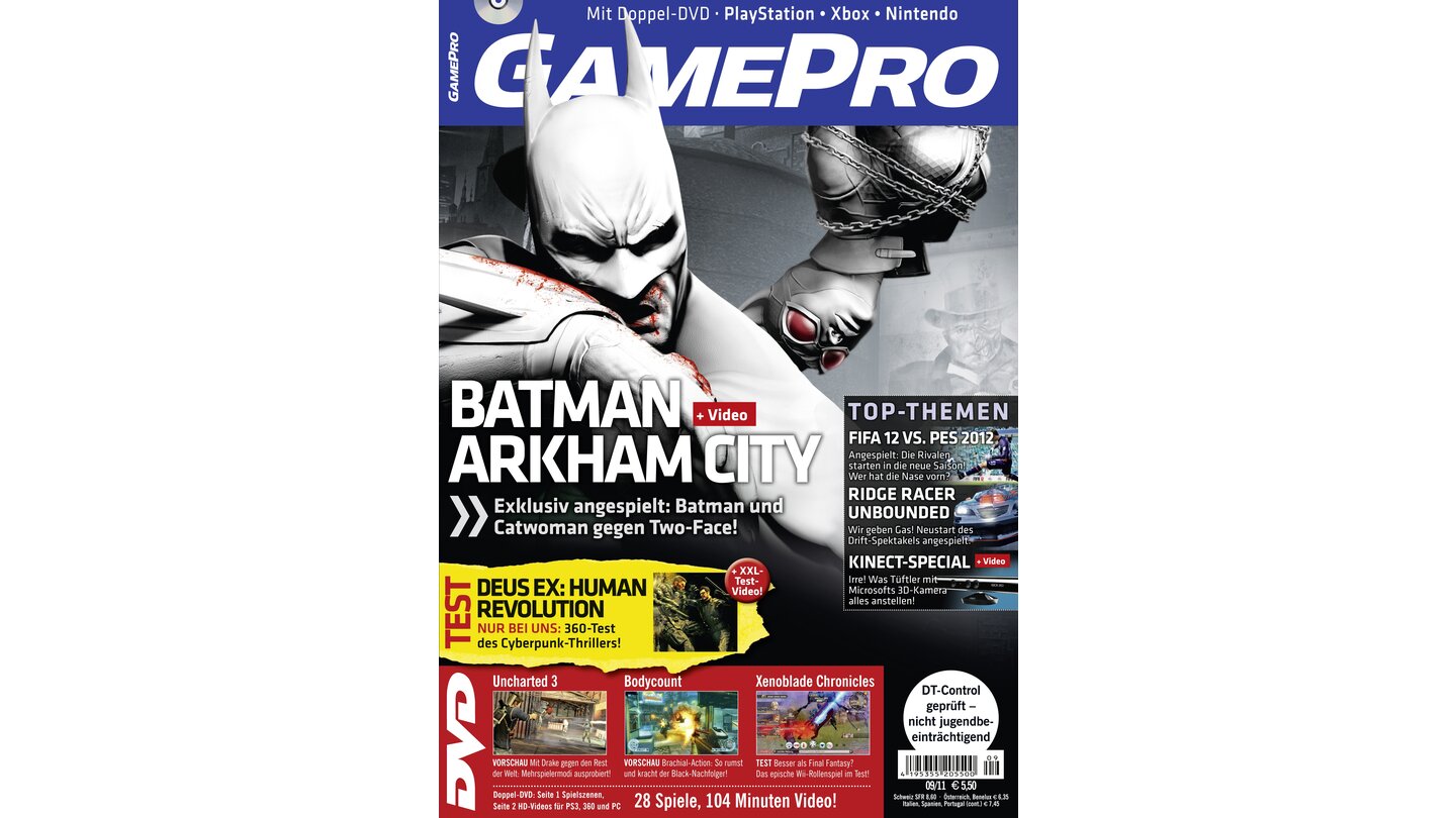 GamePro 09/2011mit Batman Arkham City-Titelstory und Tests zu Xenoblade Chronicles, Call of Juarez: The Cartel und Deus Ex: Human Revolution. Außerdem: Previews zu Catherine, The Darkness 2 und The Witcher 2: Assasins of Kings.